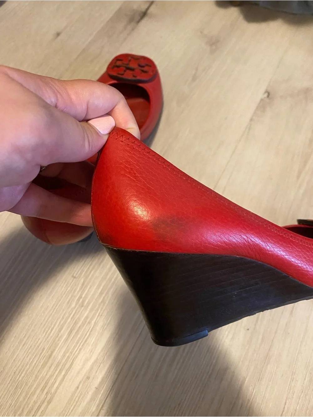 Tory Burch Red Pebbled Leather Sally Peep-Toe Wedge Pumps - Size 9